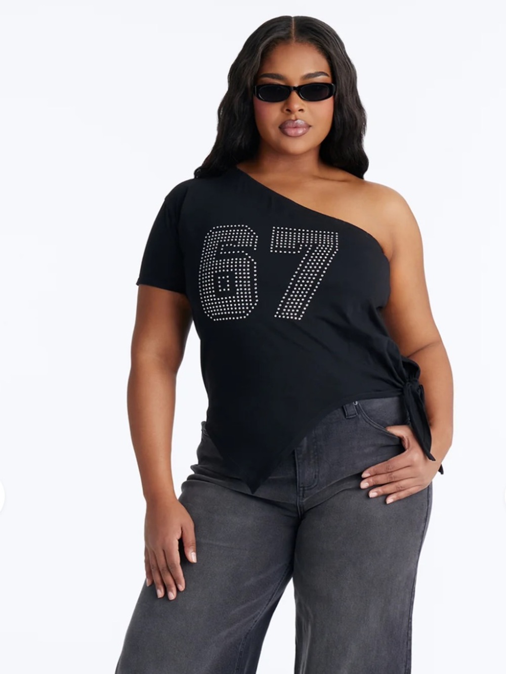 Fashion Nova Black One-Shoulder Studded '67 Top - Size Medium